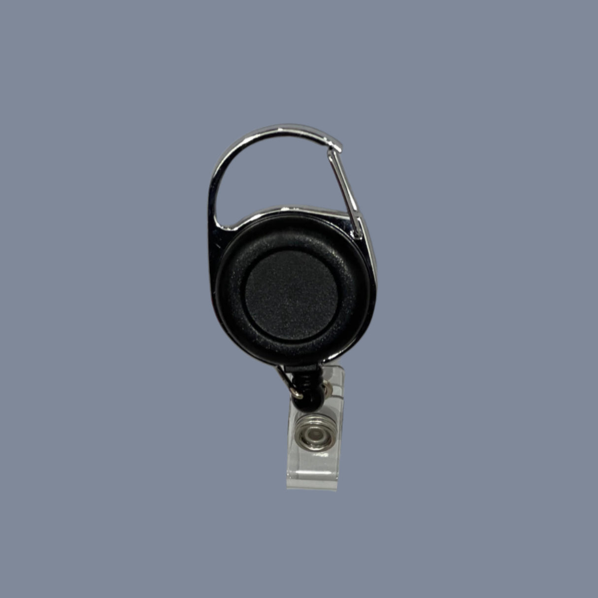 ROUND PLASTIC REEL BADGE WITH CARABINER AND BELT CLIP BLACK