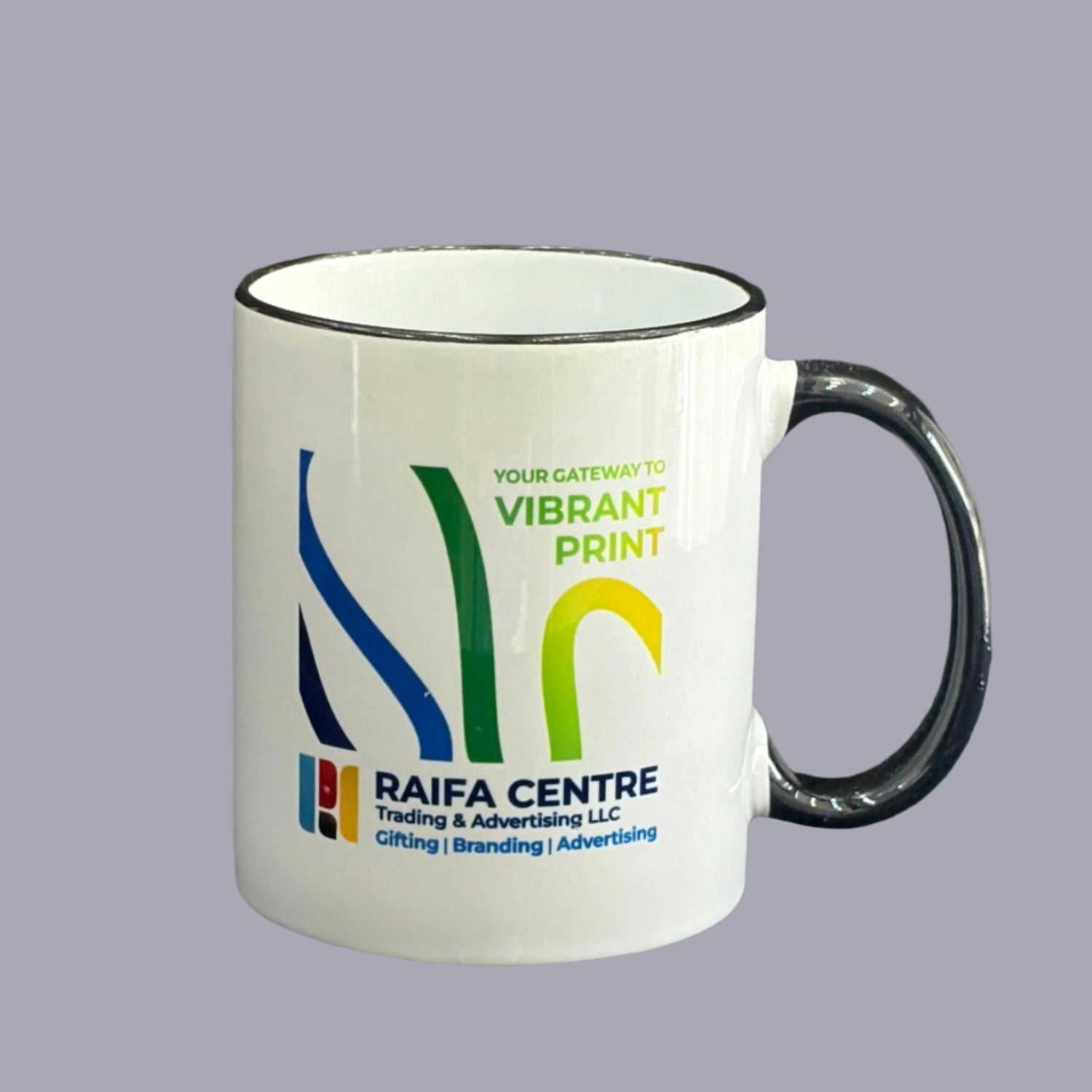 White Mug with Black Handle – Custom Logo Printing | Raifa Print Qatar