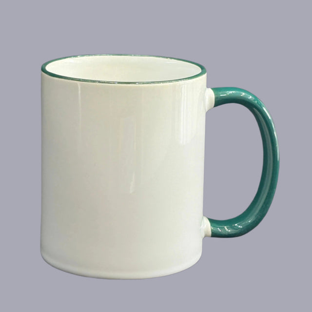 White Mug with Dark Green Handle – Custom Logo Printing | Raifa Print Qatar